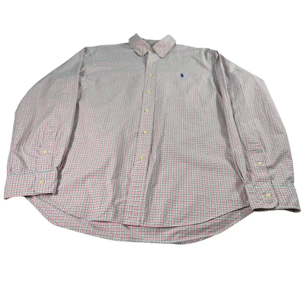 Ralph Lauren Pink Plaid Long Sleeve Button Down Collared Dress Shirt Cotton Sz L
